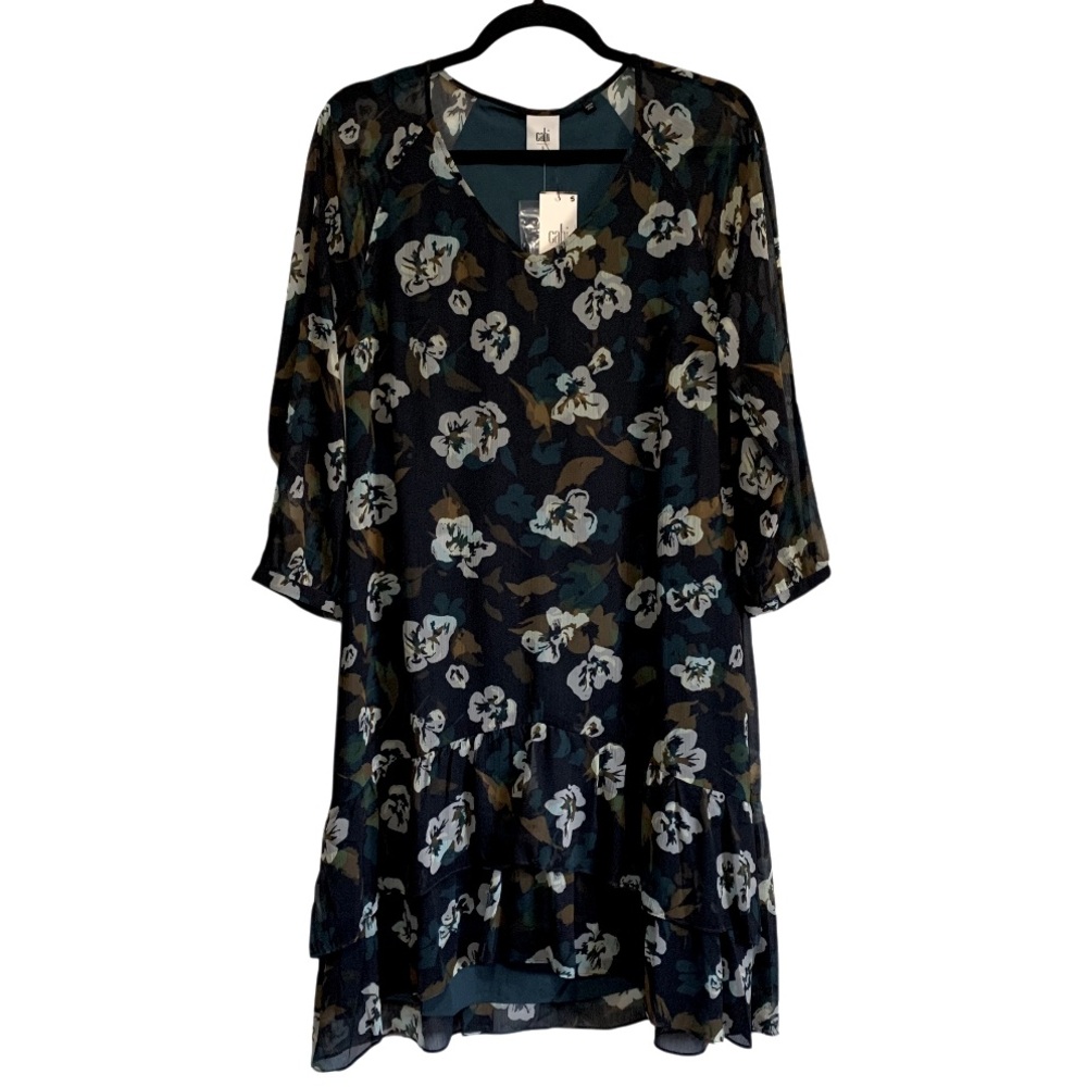 Cabi Pirouette Floating Flowers Long Sleeves Chiffon Dress